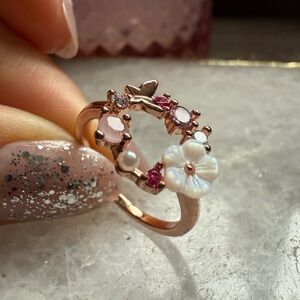 Elegant Floral Butterfly Pearl & Stone Halo Rose Gold Ring